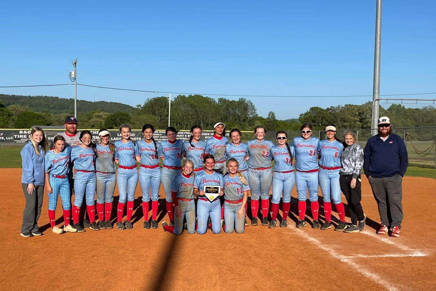 The Brewer Lady Patriots celebrate their 2023 area tournament championship following a 16-1 win over East Limestone. Photo courtesy of Brewer Softball 