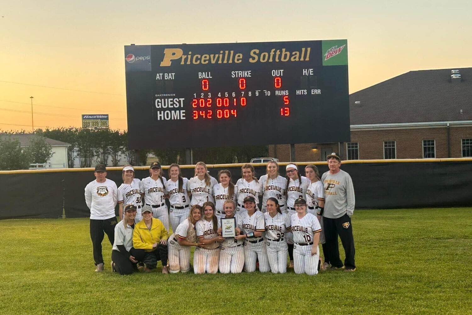 The Priceville Lady Bulldogs celebrate their 2023 area tournament championship following a 13-5 win over West Morgan. Photo courtesy of Priceville Softball